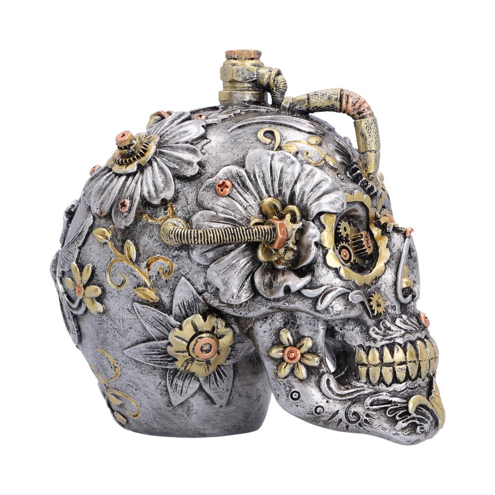 Floral Automaton Steampunk Skull Ornament - side of the flower petals, tubes and gear details