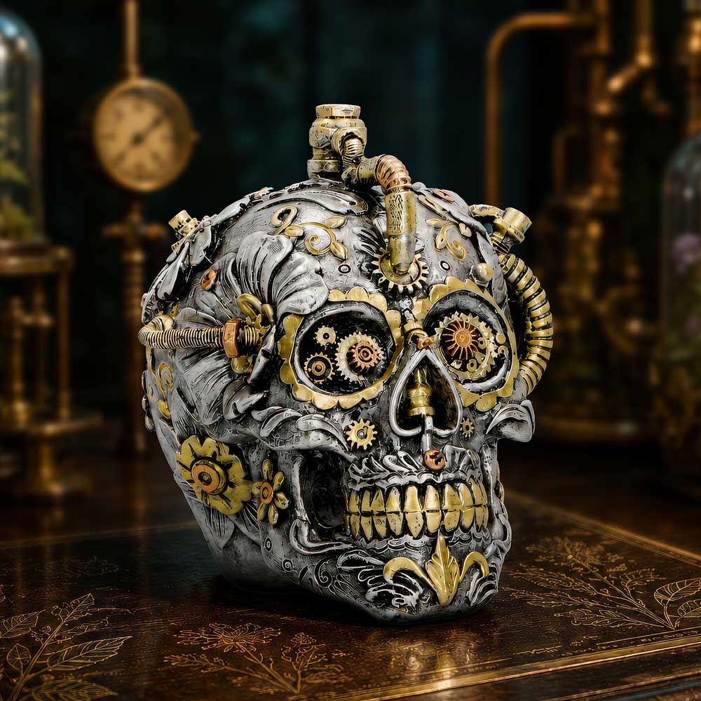 Floral Automaton Steampunk Skull Ornament - floral steampunk skull arranged in a metallic-themed display
