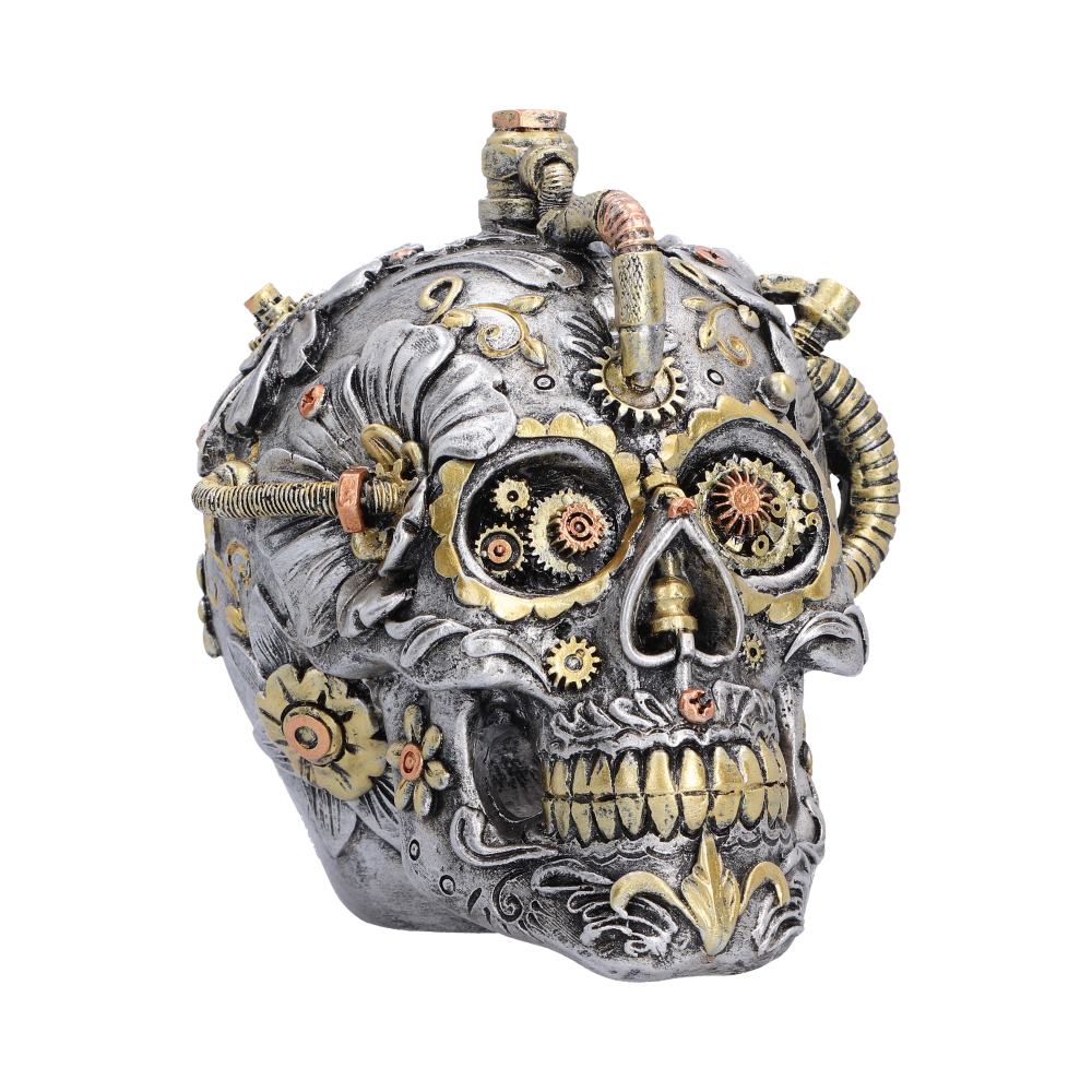 Floral Automaton Steampunk Skull Ornament - silver-grey floral skull with cog-filled eyes and gold accents