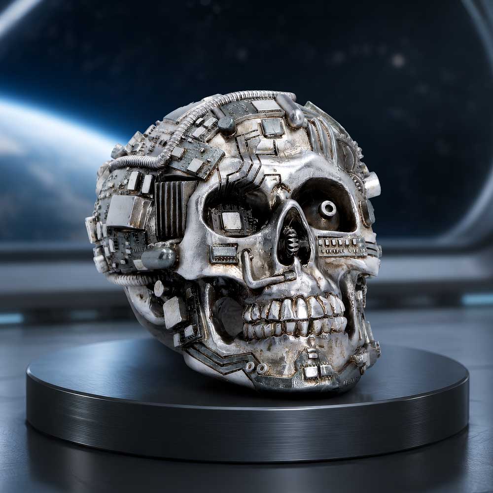 Technomortis Microchip Skull Ornament - futuristic skull displayed on a dark plinth against a space-themed backdrop