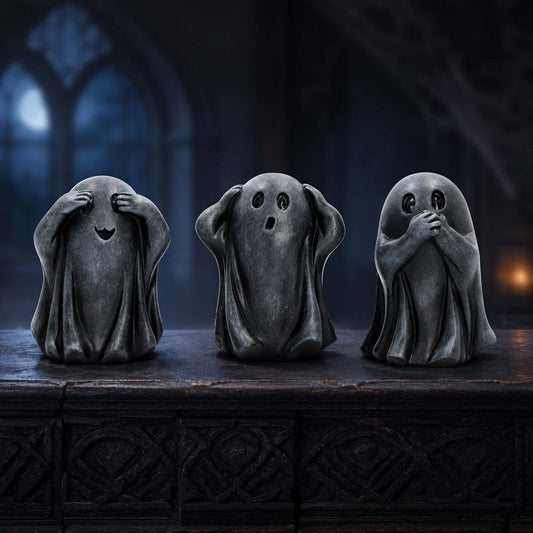 Three Wise Ghouls Ornament Set - black three wise ghouls in a gothic Halloween setting