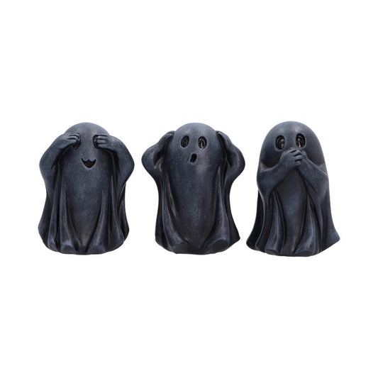 Three Wise Ghouls Ornament Set - three black ghosts covering eyes, ears and mouth