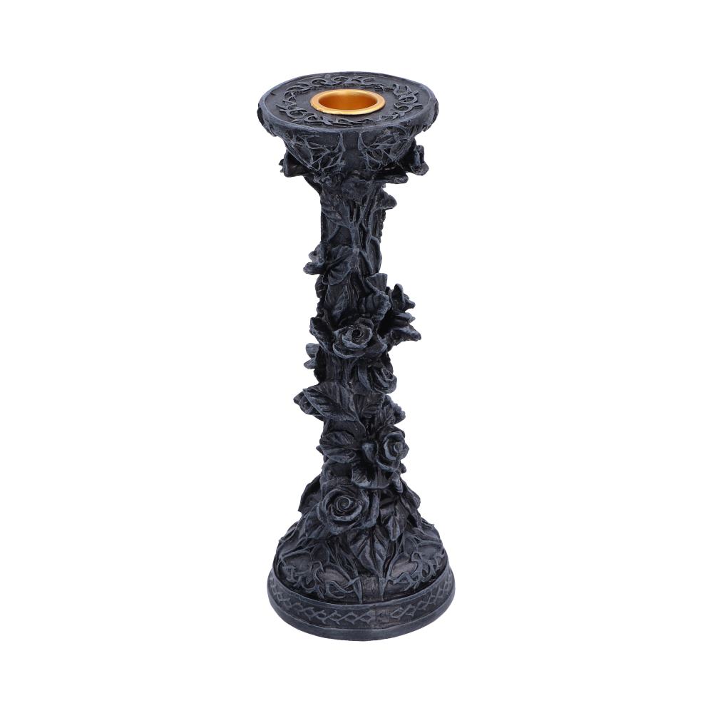 Midnight Rose Gothic Candlestick - angled view of raised petals along the narrow pillar
