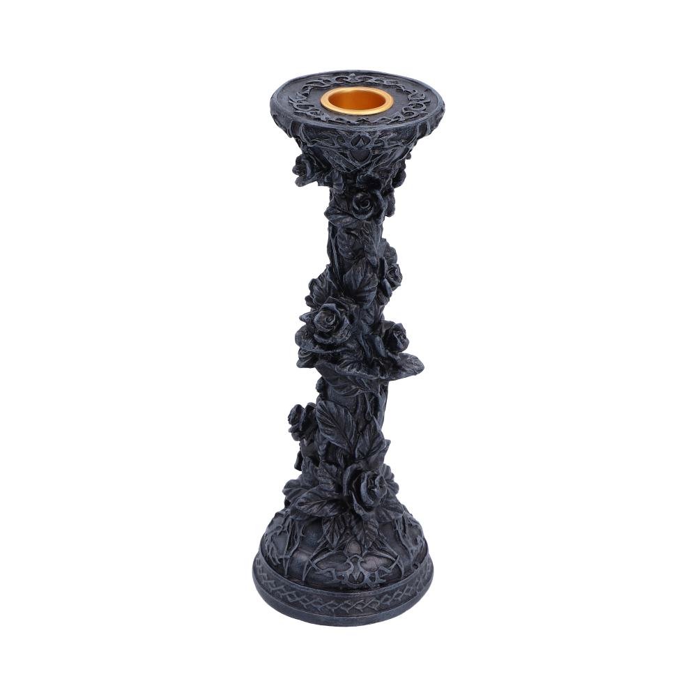 Midnight Rose Gothic Candlestick - opposite side of the dark roses and patterned circular foot