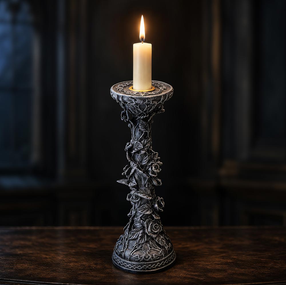 Midnight Rose Gothic Candlestick - black rose candlestick holding a lit pale candle