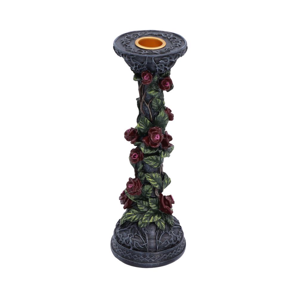 Scarlet Rose Gothic Candlestick - angled floral pillar with dark patterned base