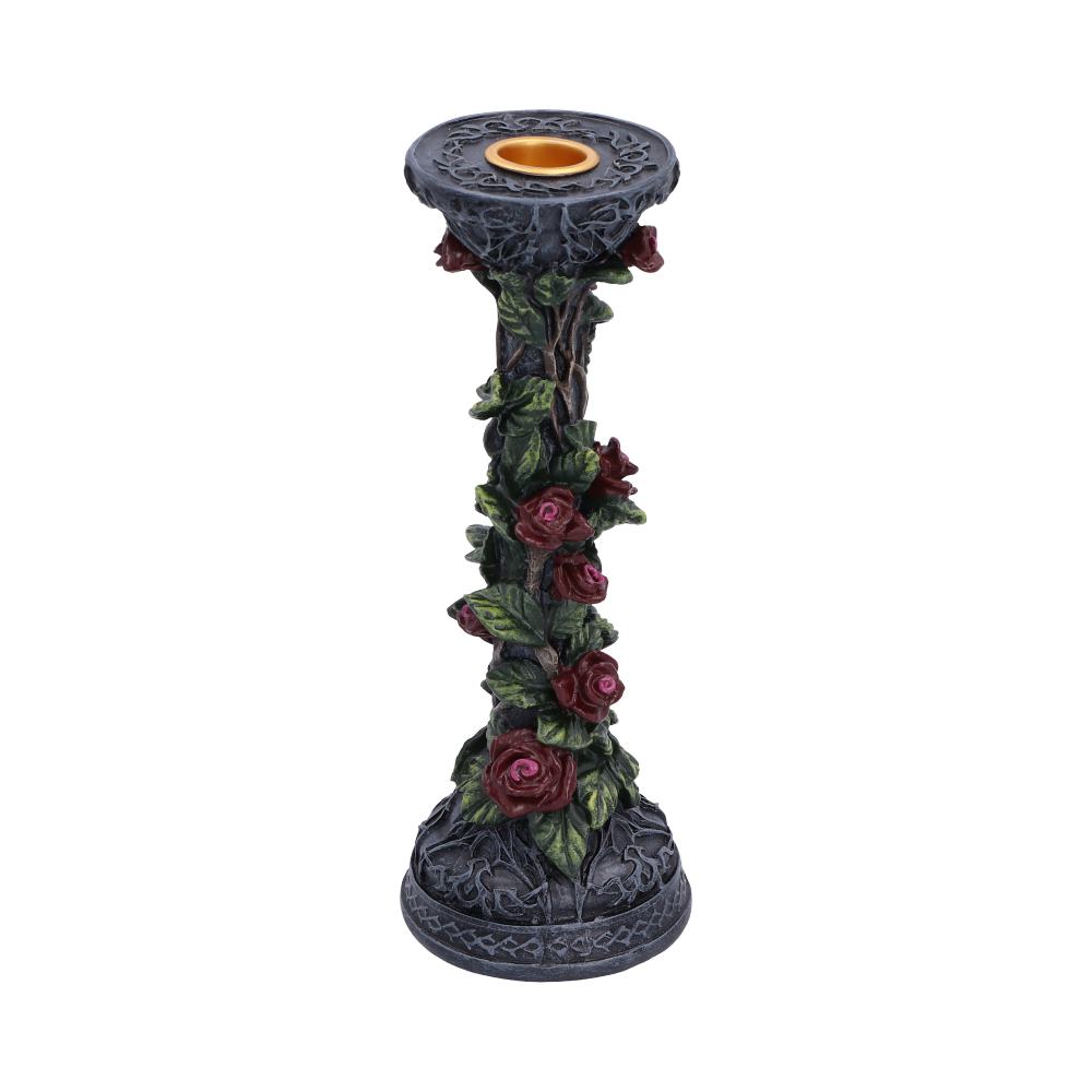 Scarlet Rose Gothic Candlestick - side of the upper candle cup and green leaf details