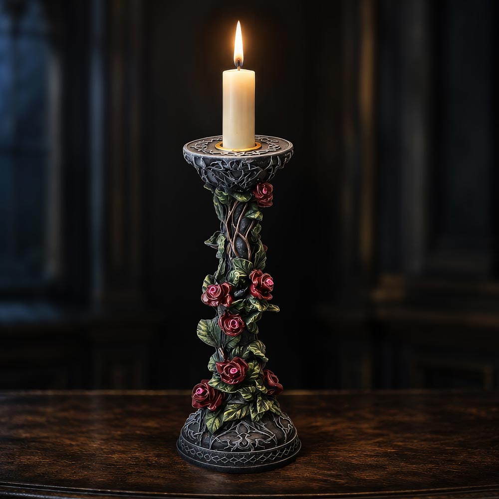 Scarlet Rose Gothic Candlestick - scarlet rose holder with a lit pale candle in a gothic setting