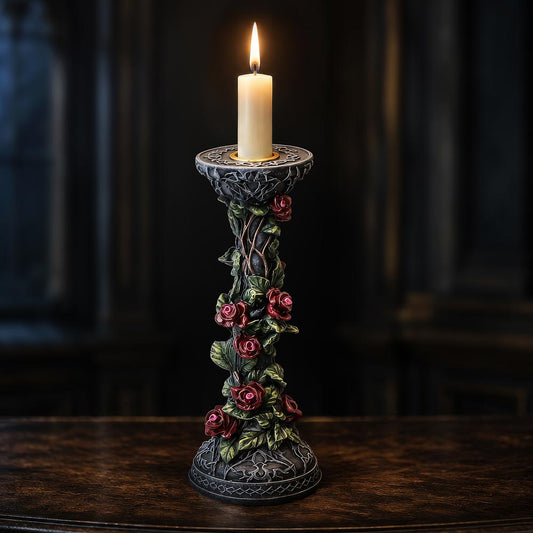 Scarlet Rose Gothic Candlestick - scarlet rose holder with a lit pale candle in a gothic setting
