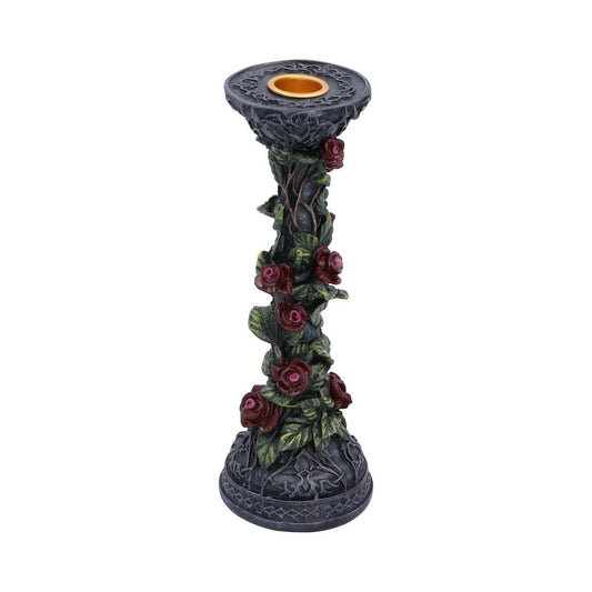 Scarlet Rose Gothic Candlestick - red roses and green leaves around a stone-effect candlestick