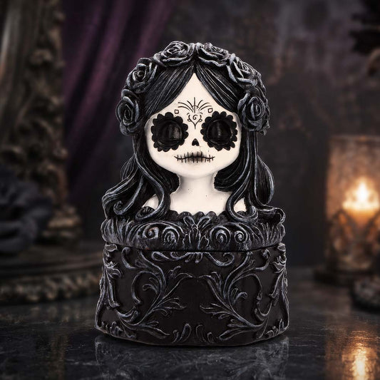 Flor de Muerte Trinket Box - black and white portrait trinket box in a gothic tabletop setting