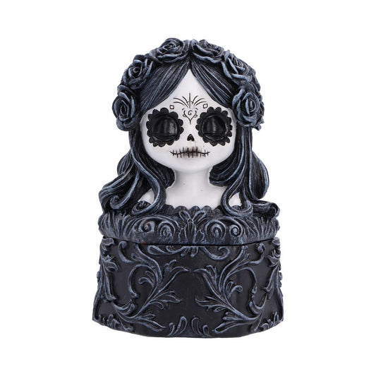 Flor de Muerte Trinket Box - white floral face and black rose crown above the decorated box