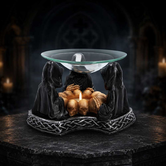 Eternal Offering Reaper Oil Burner - reaper oil burner lit by a tea light beneath the clear dish
