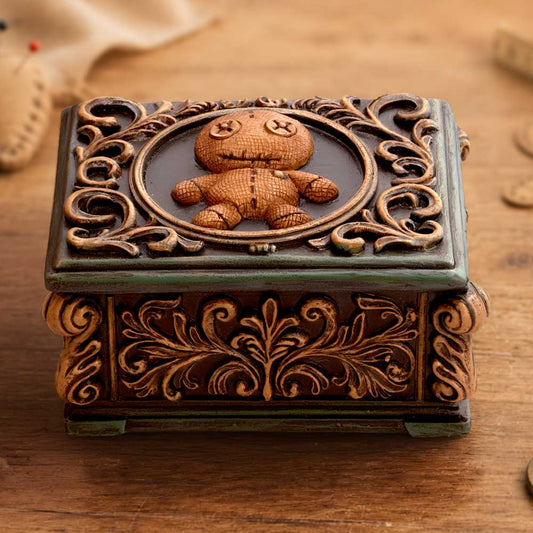Voodoo Treasure Trinket Box - voodoo-inspired keepsake box on a warm wooden surface