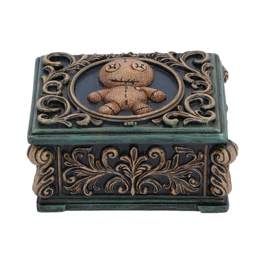 Voodoo Treasure Trinket Box - stitched doll on the round panel of a blue-green trinket lid