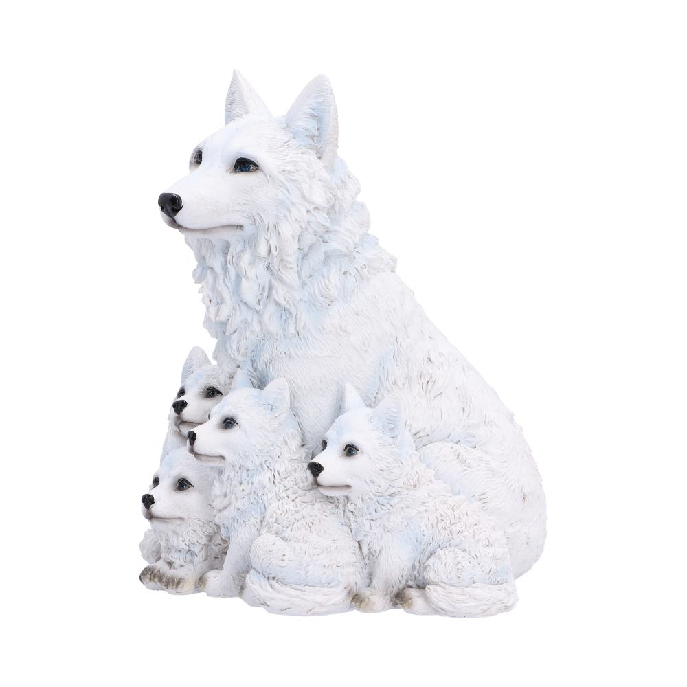 Arctic Bond Wolf Family Ornament - angled wolf family showing varied pup positions and pale fur