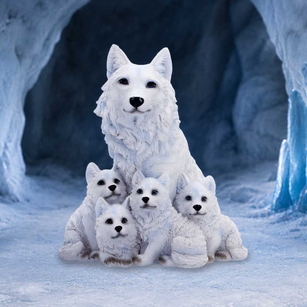 Arctic Bond Wolf Family Ornament - white wolf family displayed in an icy woodland scene