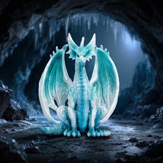 Blizzard Ice Dragon Ornament - proud seated dragon in a cold cavern-themed scene