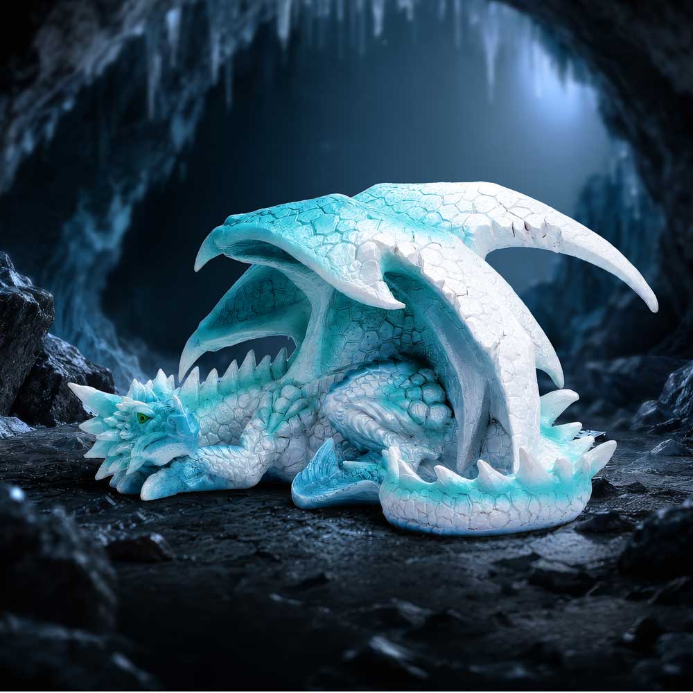 Tundra Ice Dragon Ornament - reclining pale dragon arranged in an icy fantasy setting