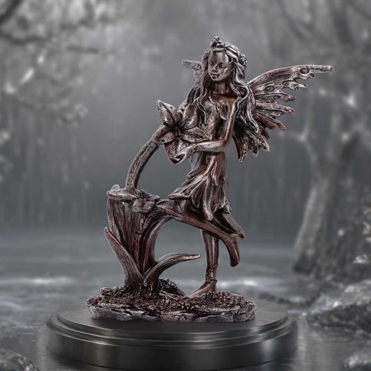 Enchanted Forest Bloom Fairy Ornament - bronze-finished fairy displayed on a dark plinth