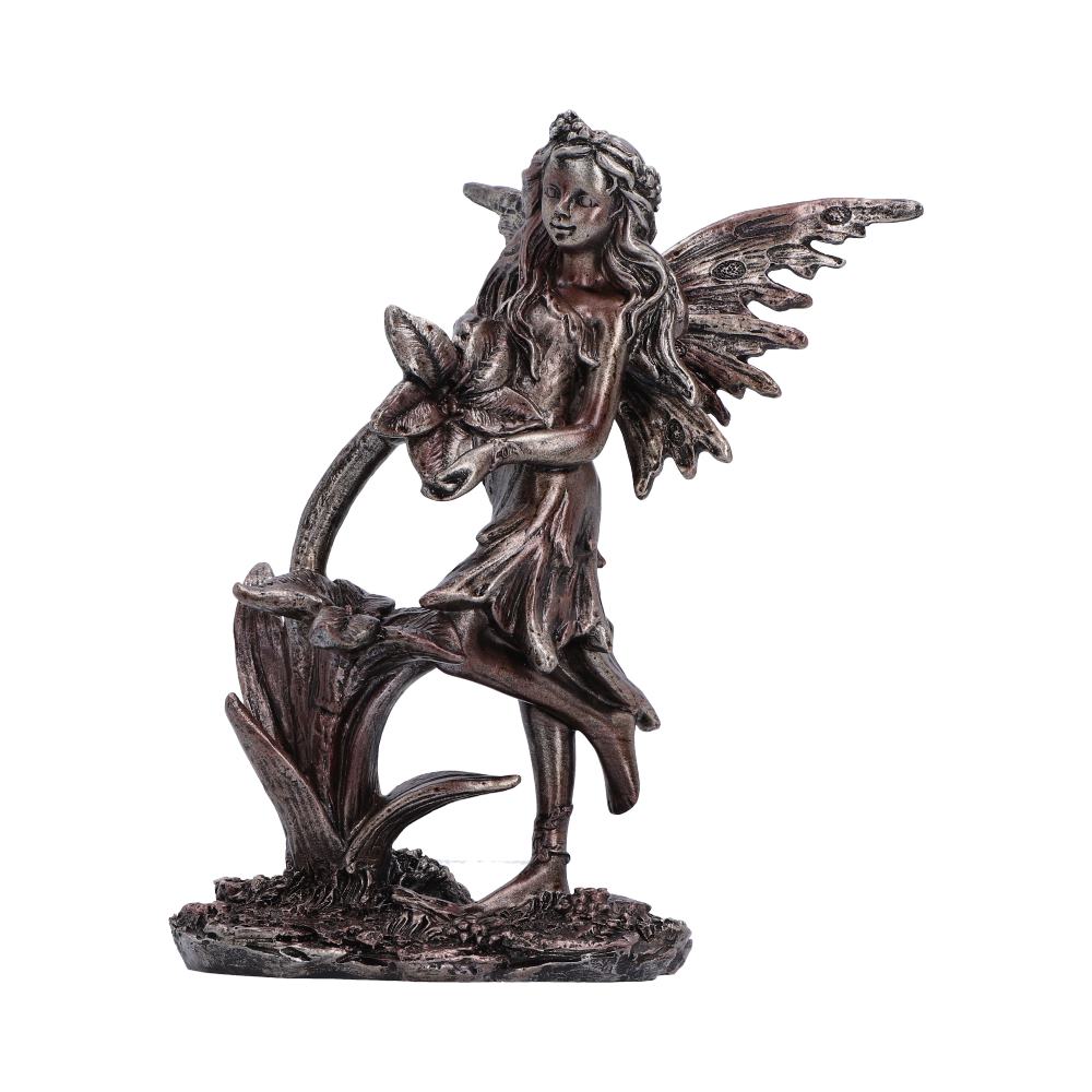 Enchanted Forest Bloom Fairy Ornament - bronze-like fairy beside a large flower and curved stem