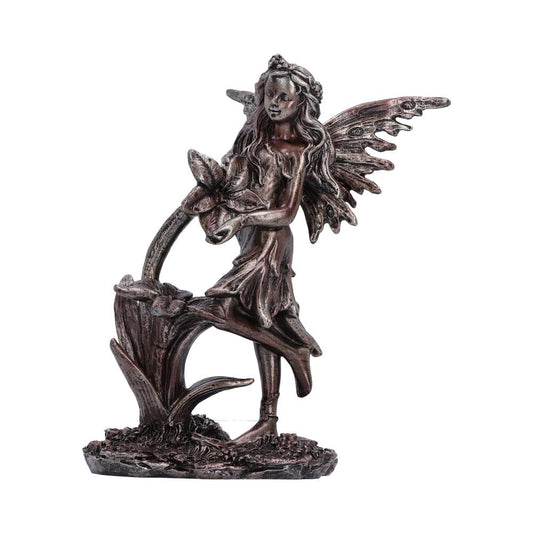 Enchanted Forest Bloom Fairy Ornament - bronze-like fairy beside a large flower and curved stem