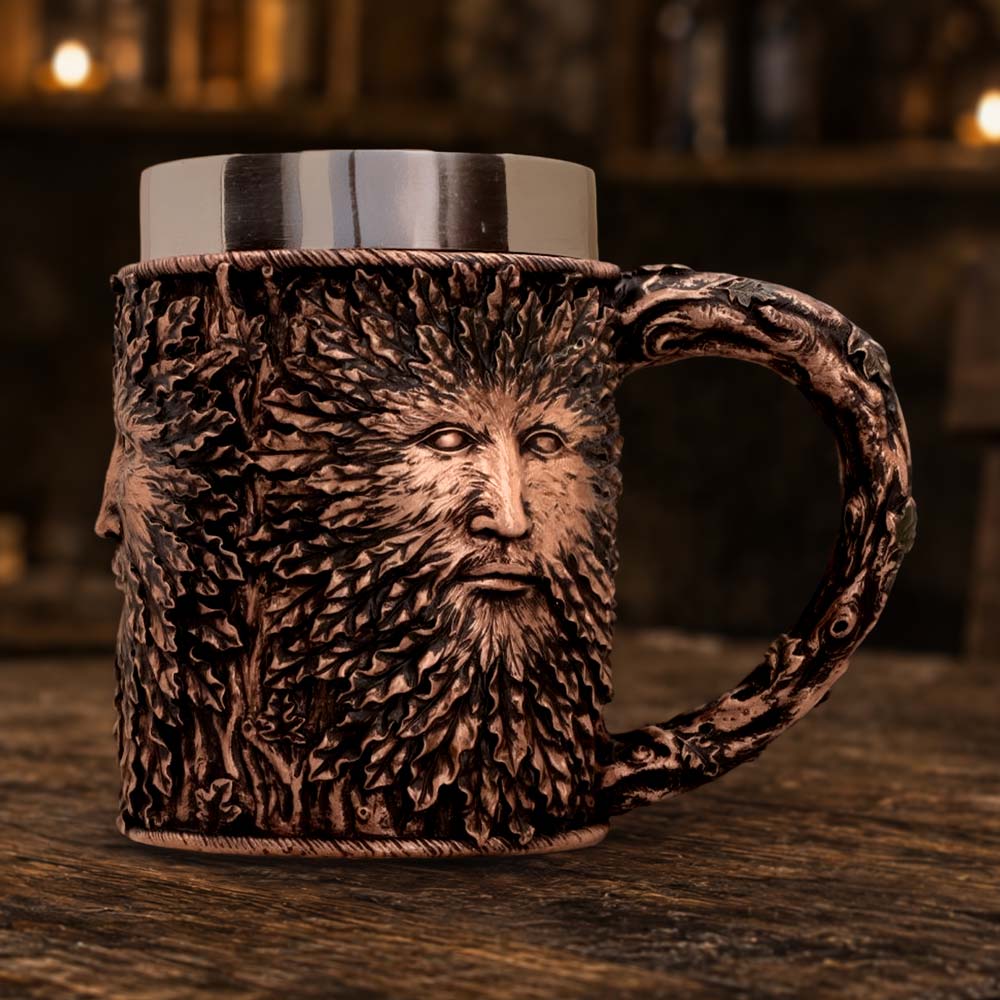 Oak Father Treeman Tankard - treeman tankard on a dark woodland-themed tabletop