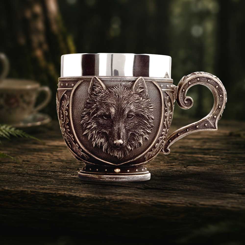 Wild Thirst Wolf Cup - wolf cup displayed on a warm rustic tabletop