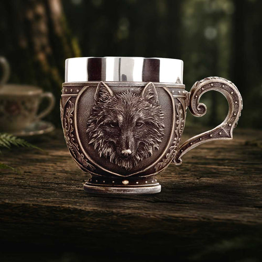 Wild Thirst Wolf Cup - wolf cup displayed on a warm rustic tabletop
