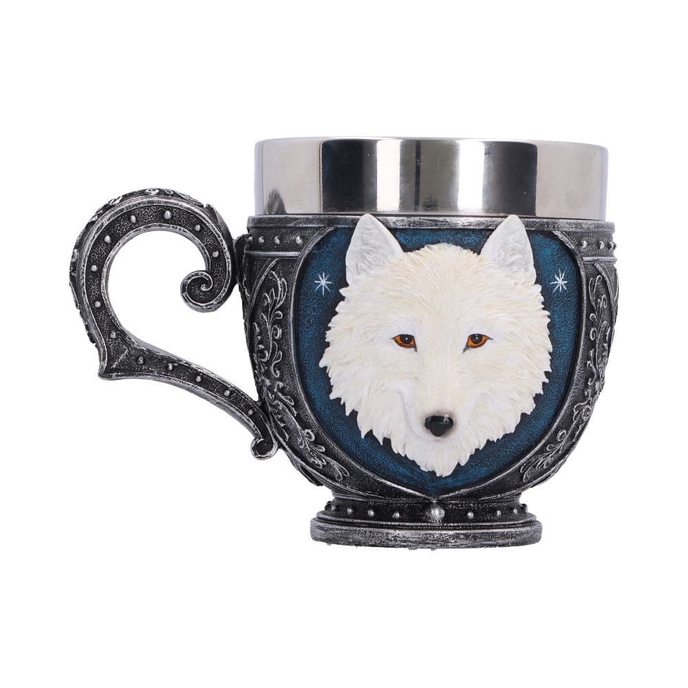 Ghost Wolf Cup - opposite view of the white wolf face and star-like blue panel