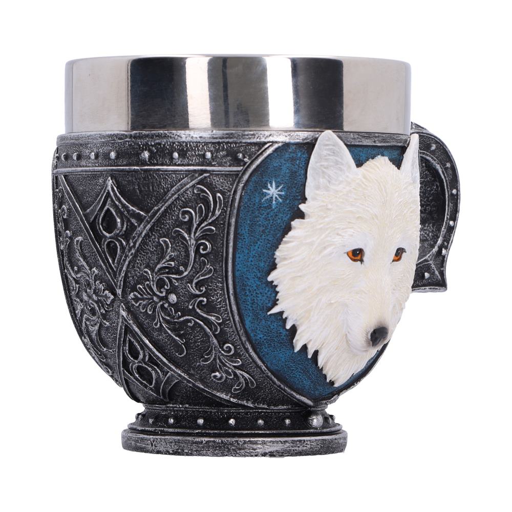 Ghost Wolf Cup - side of the ornate curved handle and silver-toned patterns