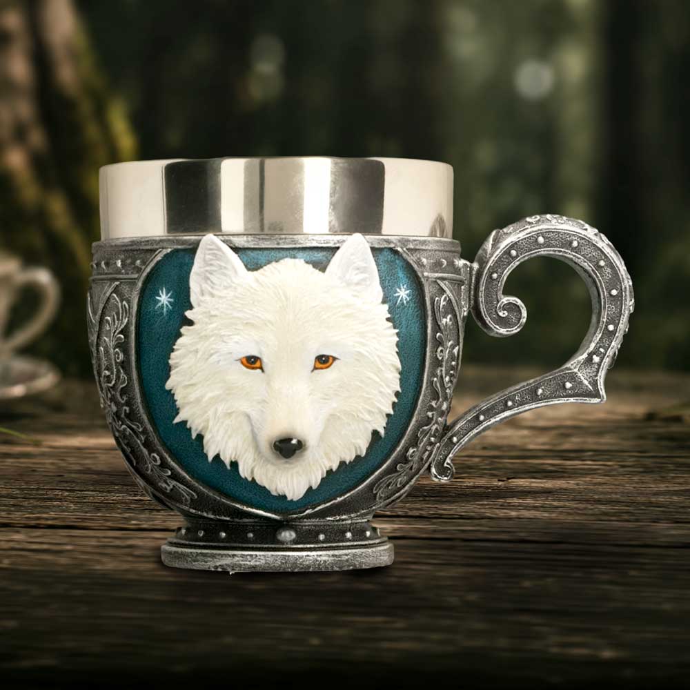 Ghost Wolf Cup - white wolf cup displayed in a dark tabletop setting