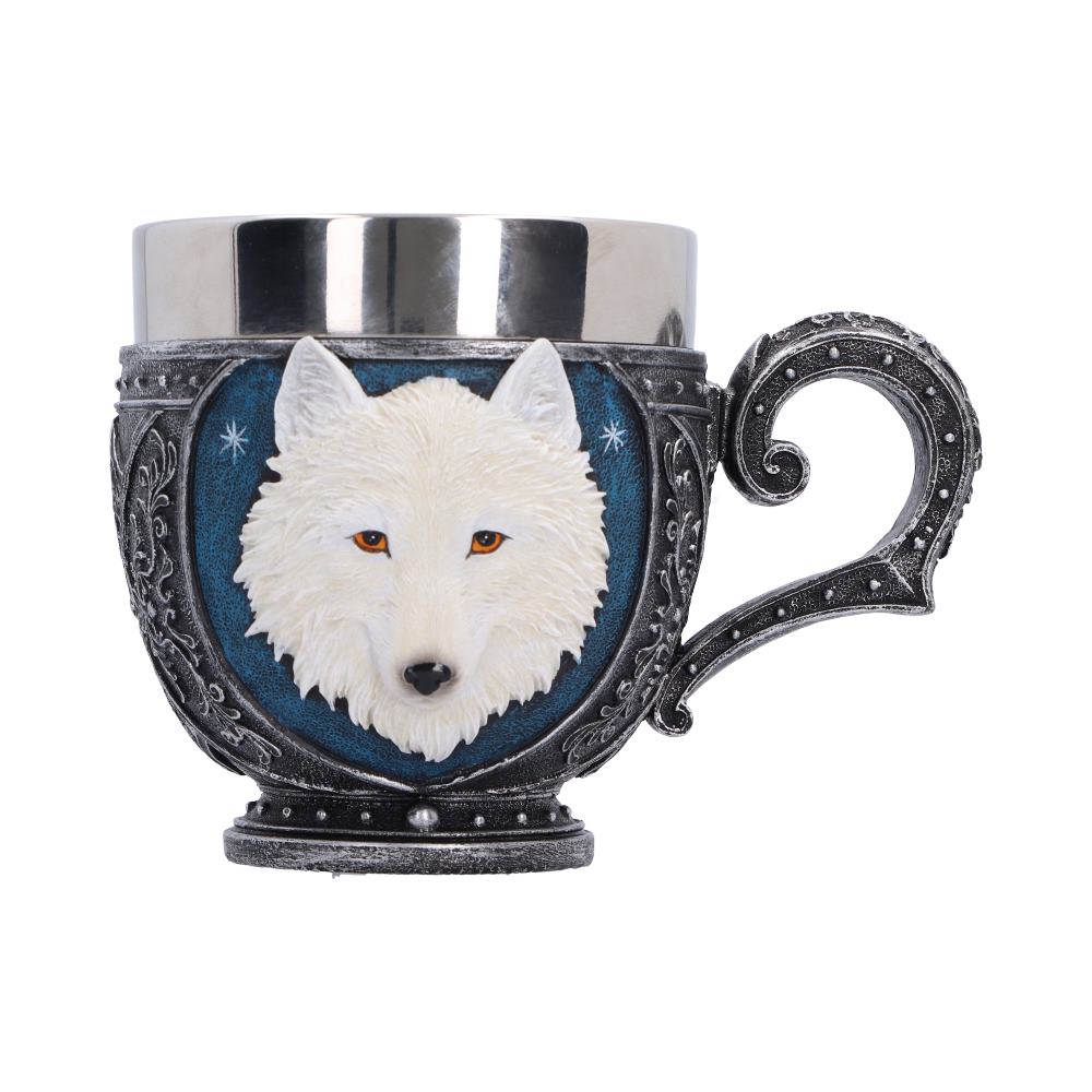 Ghost Wolf Cup - white wolf portrait against blue on a silver-toned cup