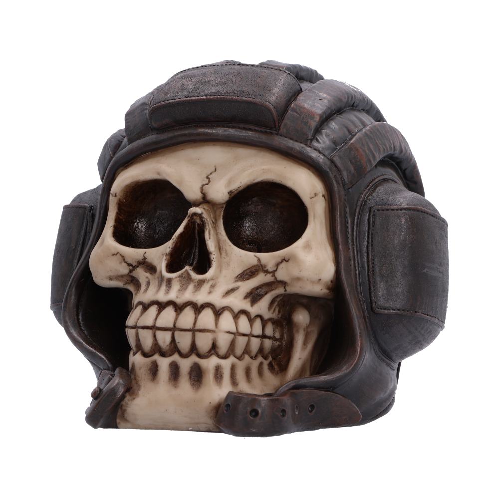 Chocks Away Tankman Skull Ornament - angled helmet and pale skull with a hanging chin strap