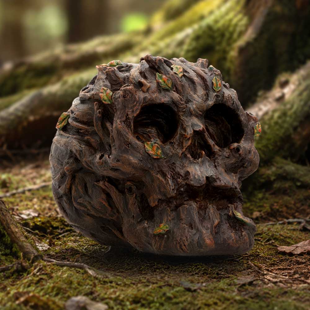 Deadwood Tree Skull Ornament - woodland skull arranged among moss-like greenery