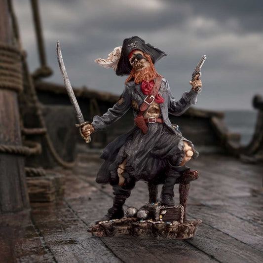 Phantom Pirate King Skeleton Figurine - undead pirate captain displayed beside a ship-themed backdrop
