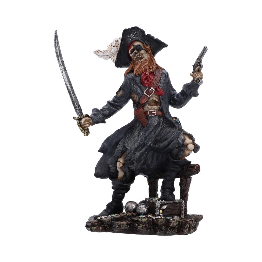 Phantom Pirate King Skeleton Figurine - skeletal pirate with sword, pistol, black hat and reddish beard