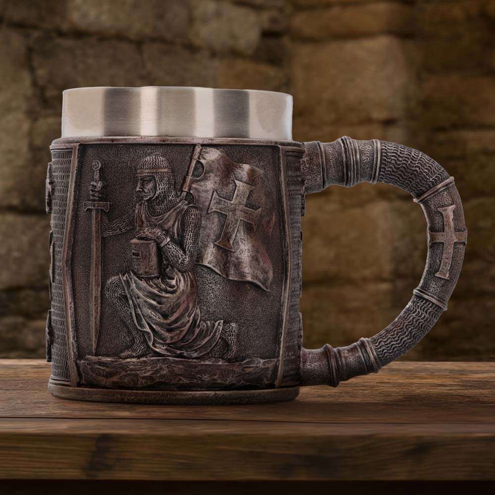 Sword Allegiance Knight Tankard - medieval knight tankard displayed against a castle-style backdrop