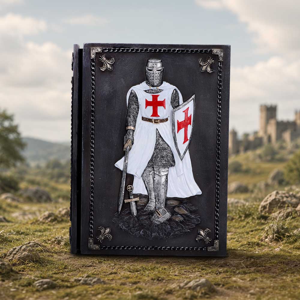 Templar’s Oath Medieval Journal - Templar journal displayed beside a medieval-style landscape