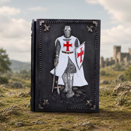 Templar’s Oath Medieval Journal - Templar journal displayed beside a medieval-style landscape