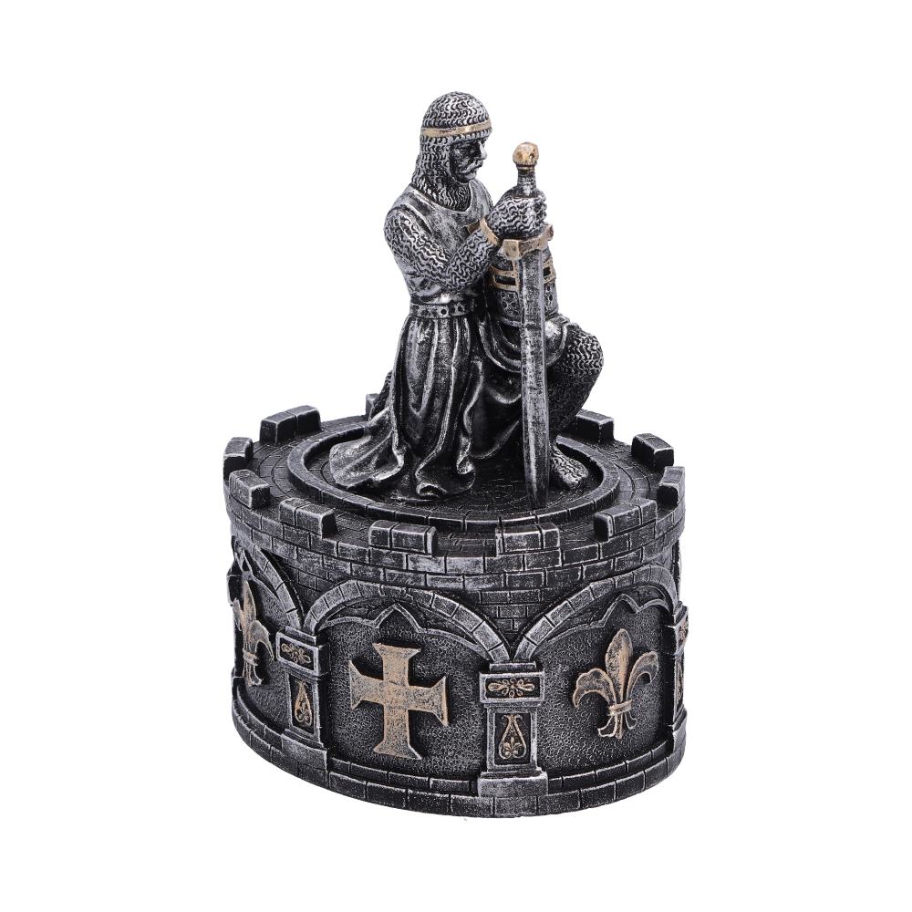 The Pledge Knight Trinket Box - opposite view of the knight lid and muted gold-coloured details
