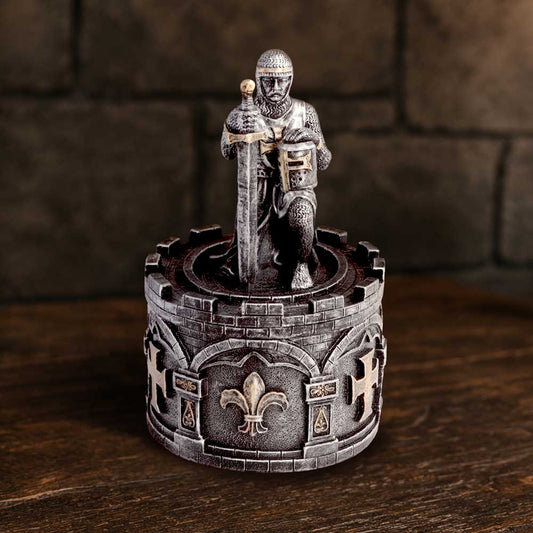 The Pledge Knight Trinket Box - knight keepsake box displayed against a stone-style background