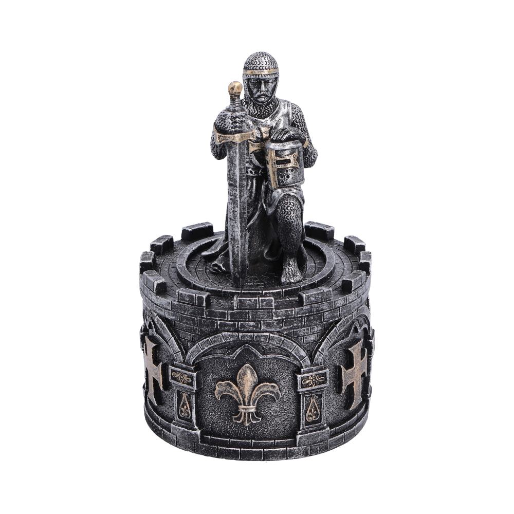 The Pledge Knight Trinket Box - kneeling knight on the lid of a circular castle-style box