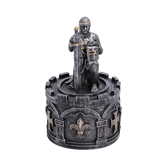 The Pledge Knight Trinket Box - kneeling knight on the lid of a circular castle-style box