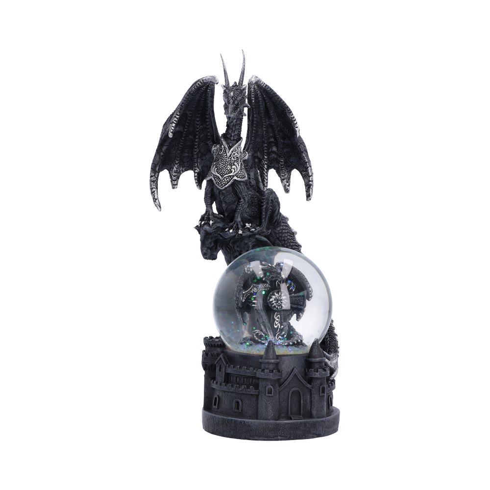 Dragon’s Dominion Snow Globe - opposite view of spread wings and the cross-holding dragon inside