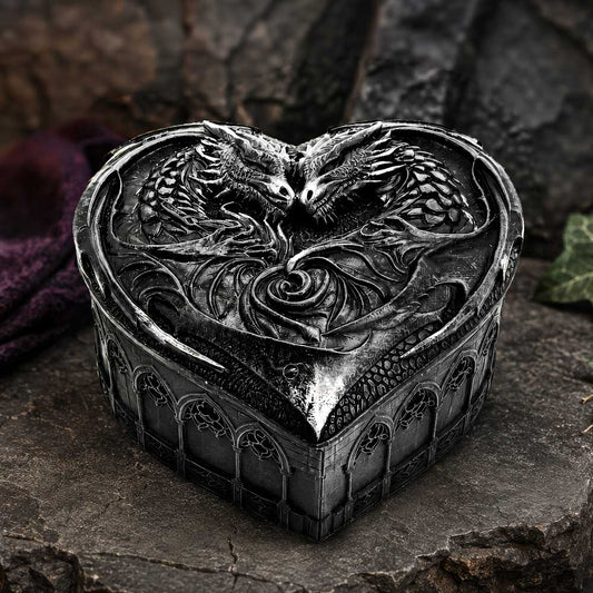 Dark Heart Dragon Trinket Box - dark heart-shaped dragon box on a woodland-style display surface