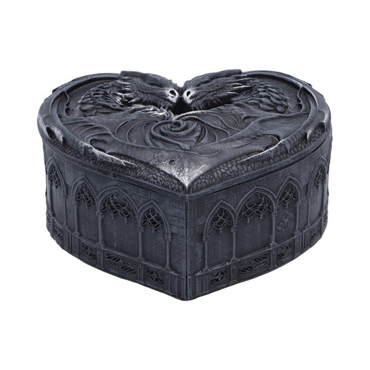 Dark Heart Dragon Trinket Box - two black dragon faces on a heart-shaped trinket-box lid