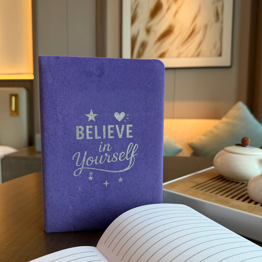 Believe in Yourself Velvet Journal lavender cover with affirmation text – soft velvet journal for reflection and writing