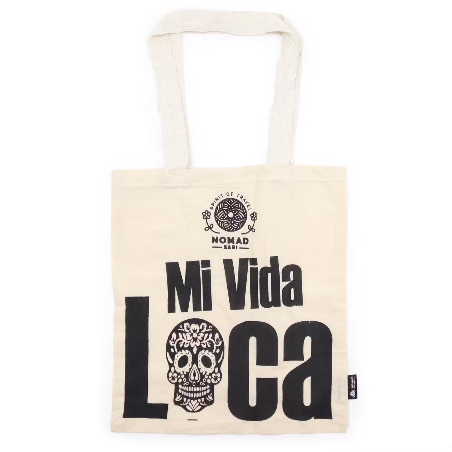 Mi Vida Loca natural 4oz cotton tote bag featuring colourful sugar skull artwork.