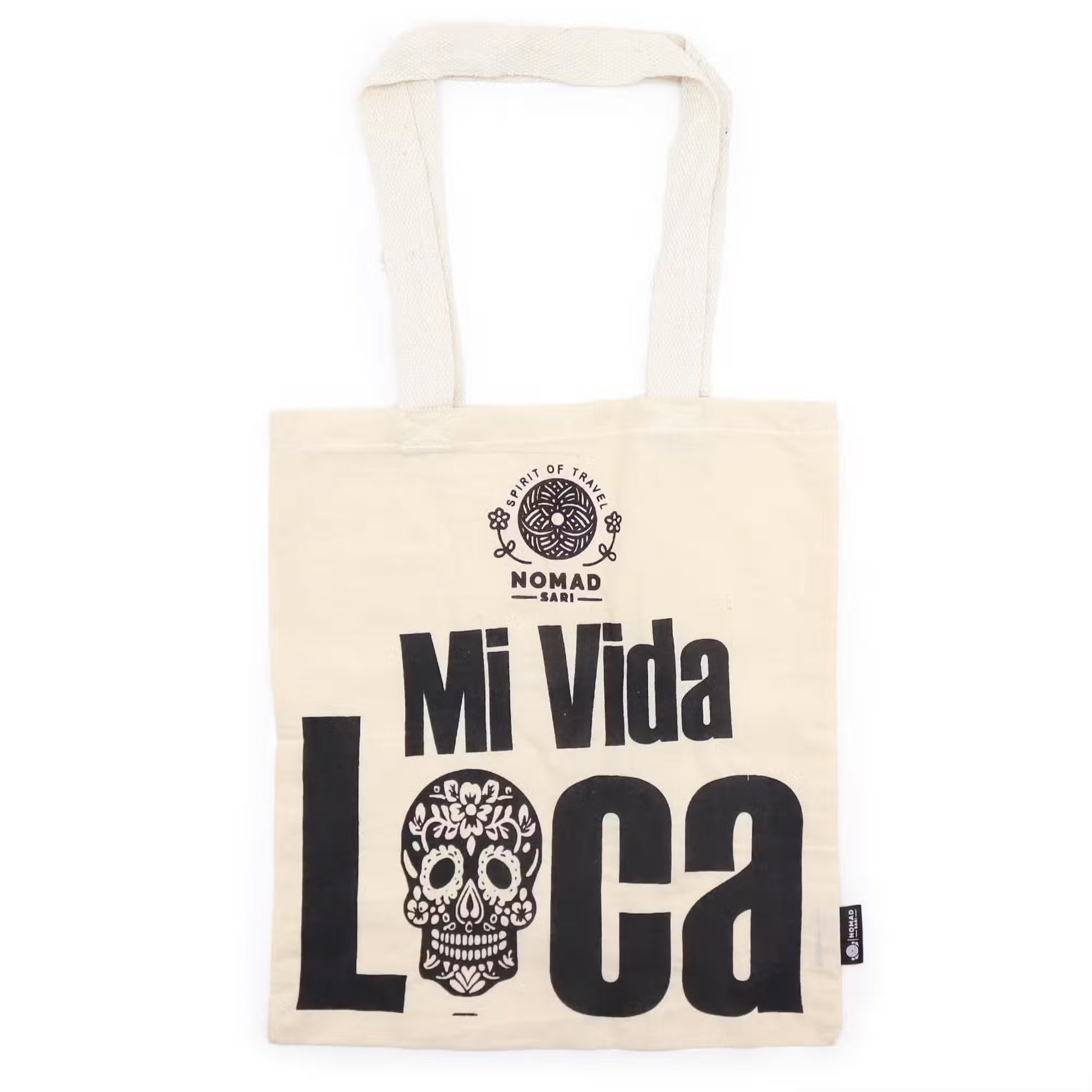 Mi Vida Loca natural 4oz cotton tote bag featuring colourful sugar skull artwork.